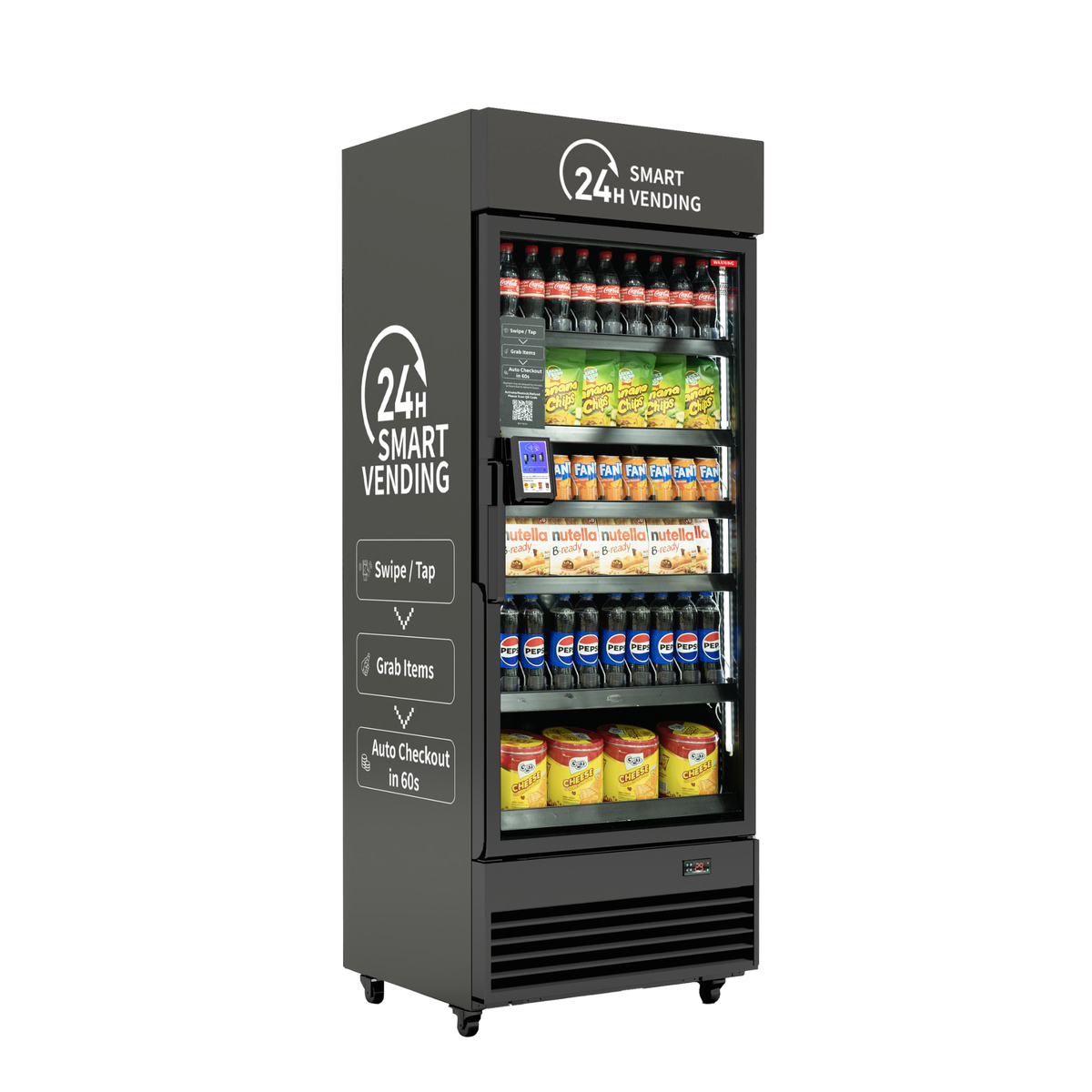 Stocked glass-front Genius Vend smart vending cooler with a cashless payment reader