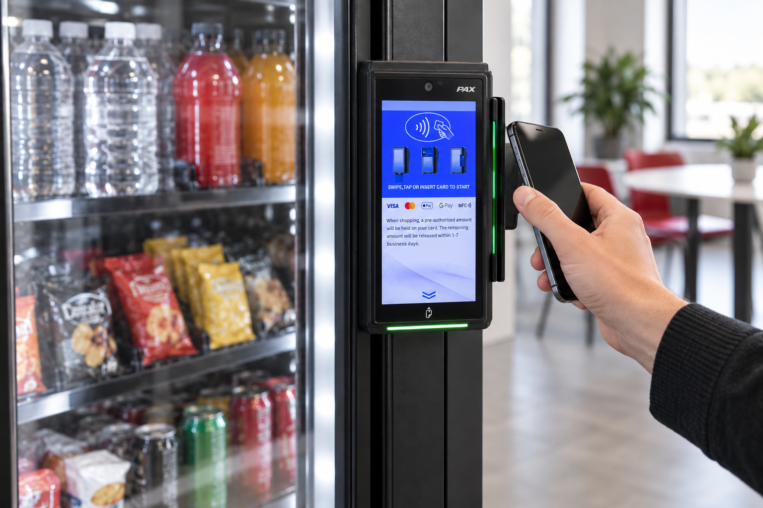 Illustration of a customer tapping a phone beside a PAX touchscreen on a stocked smart cooler